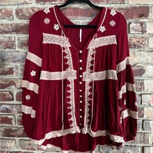 Free People Iris Top NWOT Cranberry XS Boho Embroidered Lace Peasant Blouse